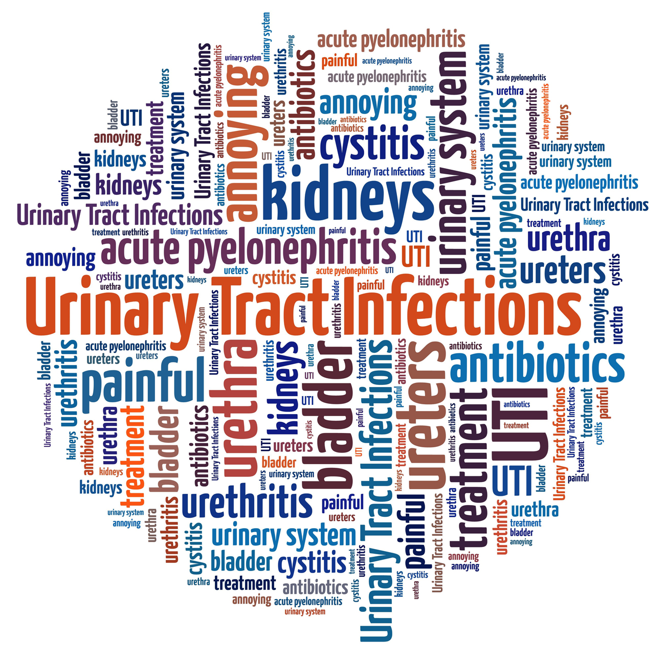 Graphic of several words placed in a cluster describing urinary and bladder conditions, symptoms, and treatments.